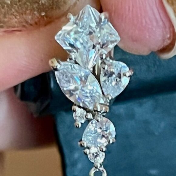 925 Sterling Silver Rhodium Plated Pear and Princess Cut CZ Dangle Earrings - Picture 6 of 14